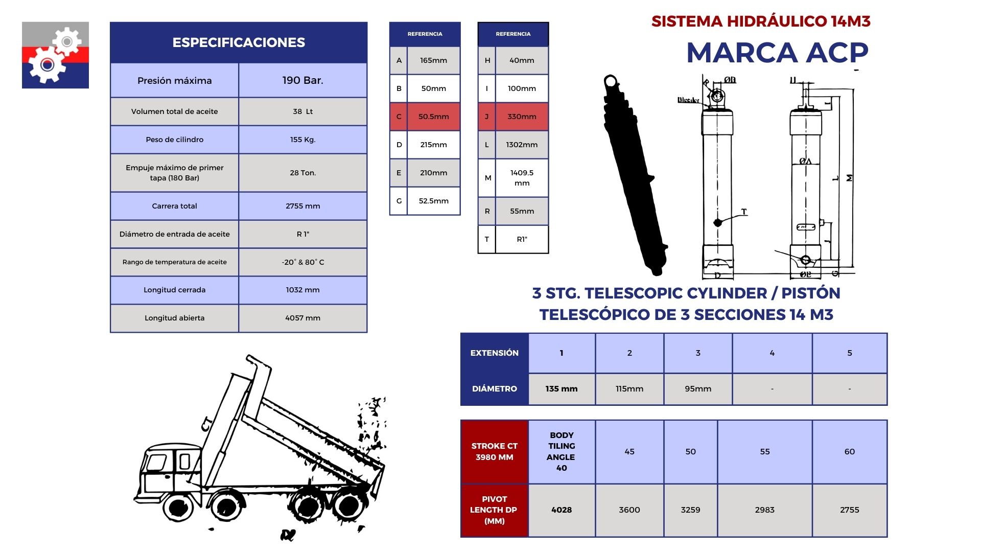 Cilindro telescópico de 3 secciones 14 metros cúbicos marca ACP-central de refacciones del bajío