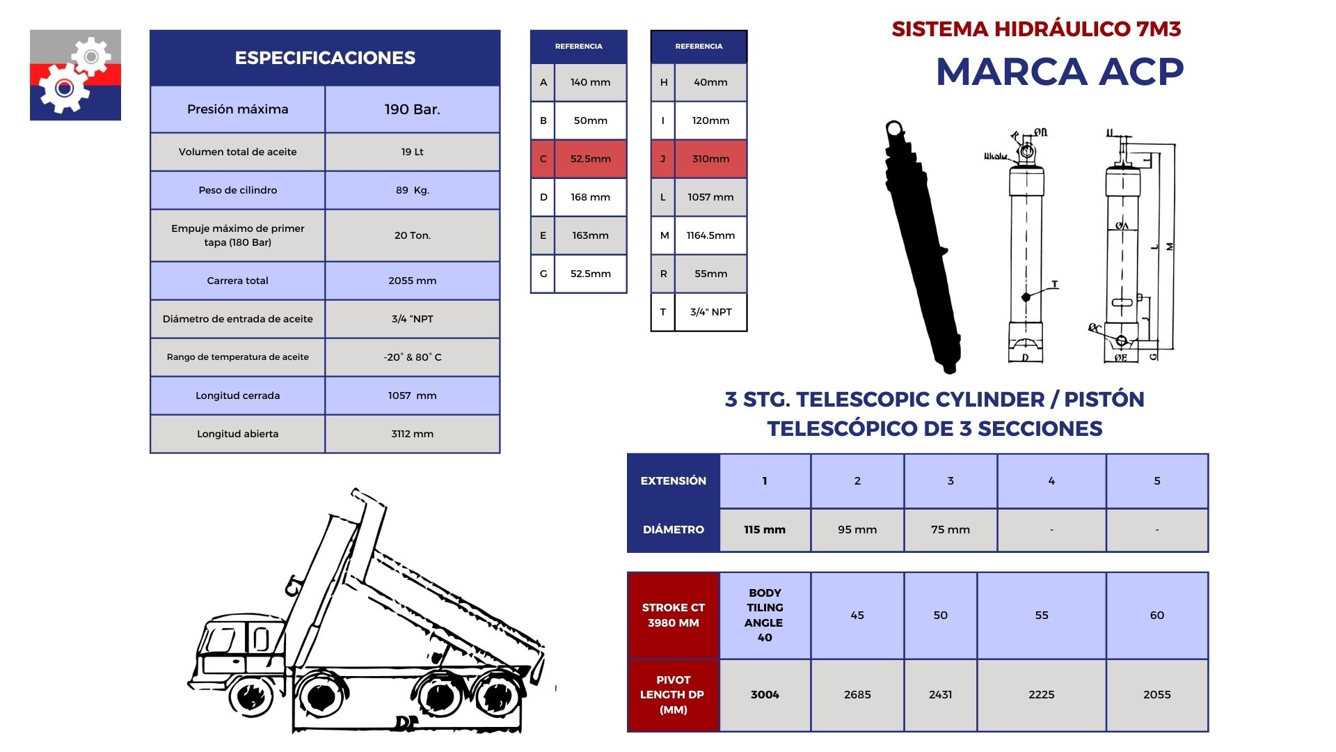 Cilindro telescópico de 3 secciones 7 metros cúbicos, marca ACP-centralderefaccionesdelbajío