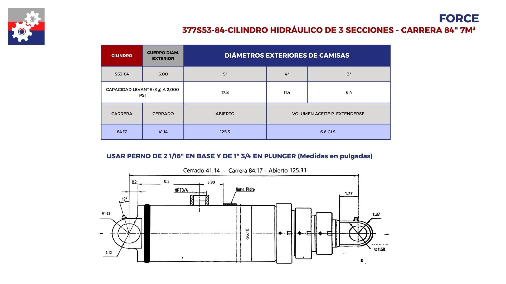 Cilindro telescópico de 3 secciones 7 metros cúbicos, marca FORCE-centralderefaccionesdelbajio