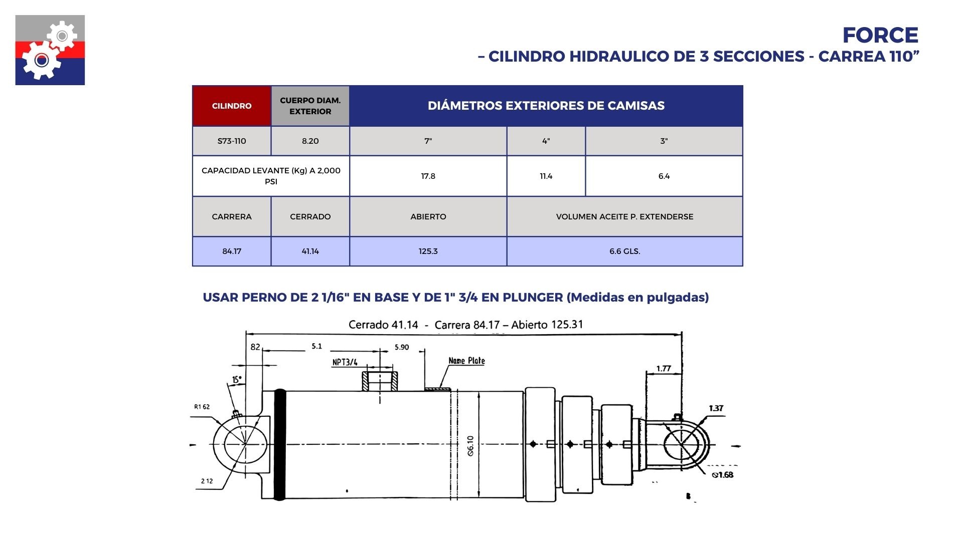 Cilindro telescópico de 3 secciones 14 metros cúbicos, marca FORCE-centralderefaccionesdelbajío